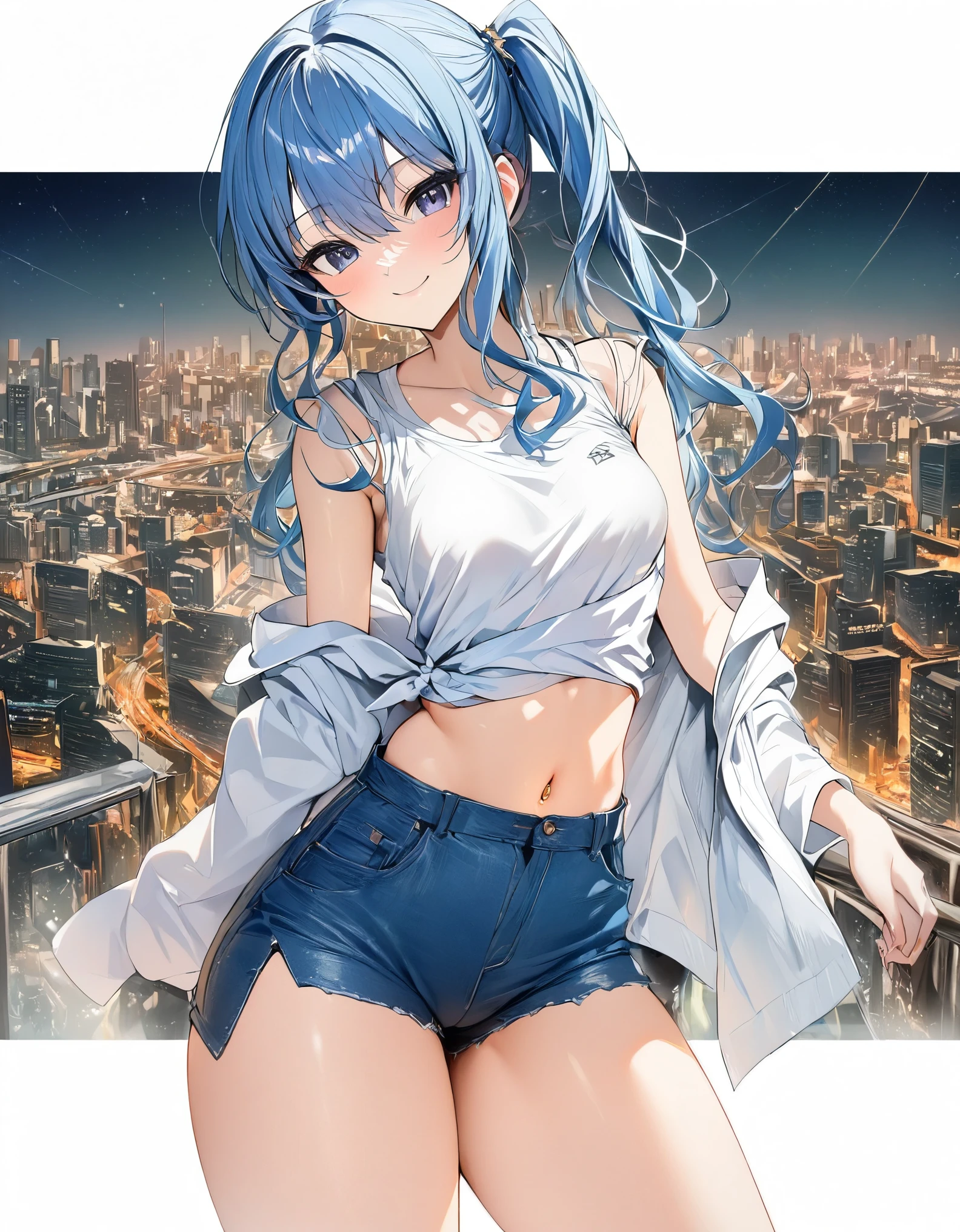 (8k、Best image quality、highest quality、masterpiece)、Detailed face、 1teen_girl、Blue Hair、Long Hair、sideponytail、dark_blue_eyes、smile,(peek_navel:0.7),(small_breasts:0.8),(White_T-shirt:1.3)、Off_shoulder、Black shoulder straps、(open_front_shorts,denim_short_shorts:1.2)、City Background, starry_sky_landscape ,hoshimachi suisei, (belly_button:1.2),nihil,solo,stargaze,girl_looking_up_sky,slender,solo,boots,abs, tight_waist, point_to_sky,slender_thighs,knees