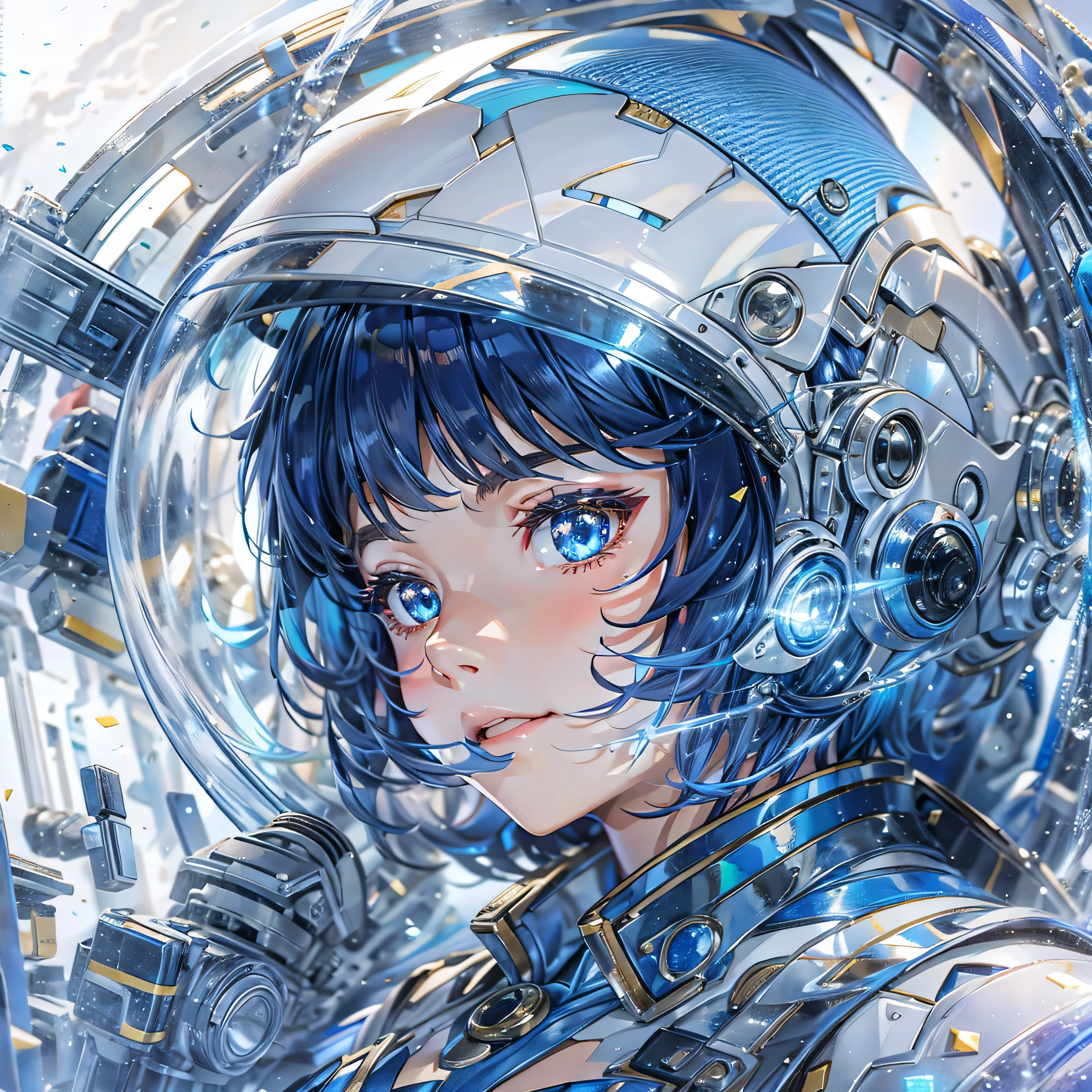(masterpiece、highest quality、Highest Resolution、Clear_image、Detailed details、Angle from above): (Whole body、One 20 year old girl、Japanese Faces、Small Face、Slender、Navy blue super short bob cut hair、(Hidden small breasts:1.3)、Sparkling blue eyes、Shiny pilot suit in blue and black colors、Chest protection armor、Tight fitting clothes、Clothing that covers the whole body、Glamorous clothes、Tight Fit Pants、Hide your skin、Very delicate and beautiful、Detailed Skin、hide thighs、Hide your ass、Cute、A gentle smile、Soft expression、heroine、headset、Knee-high boots、Elbow-length gloves、Eye Level Shot、Face directly、Woman on a spaceship)
