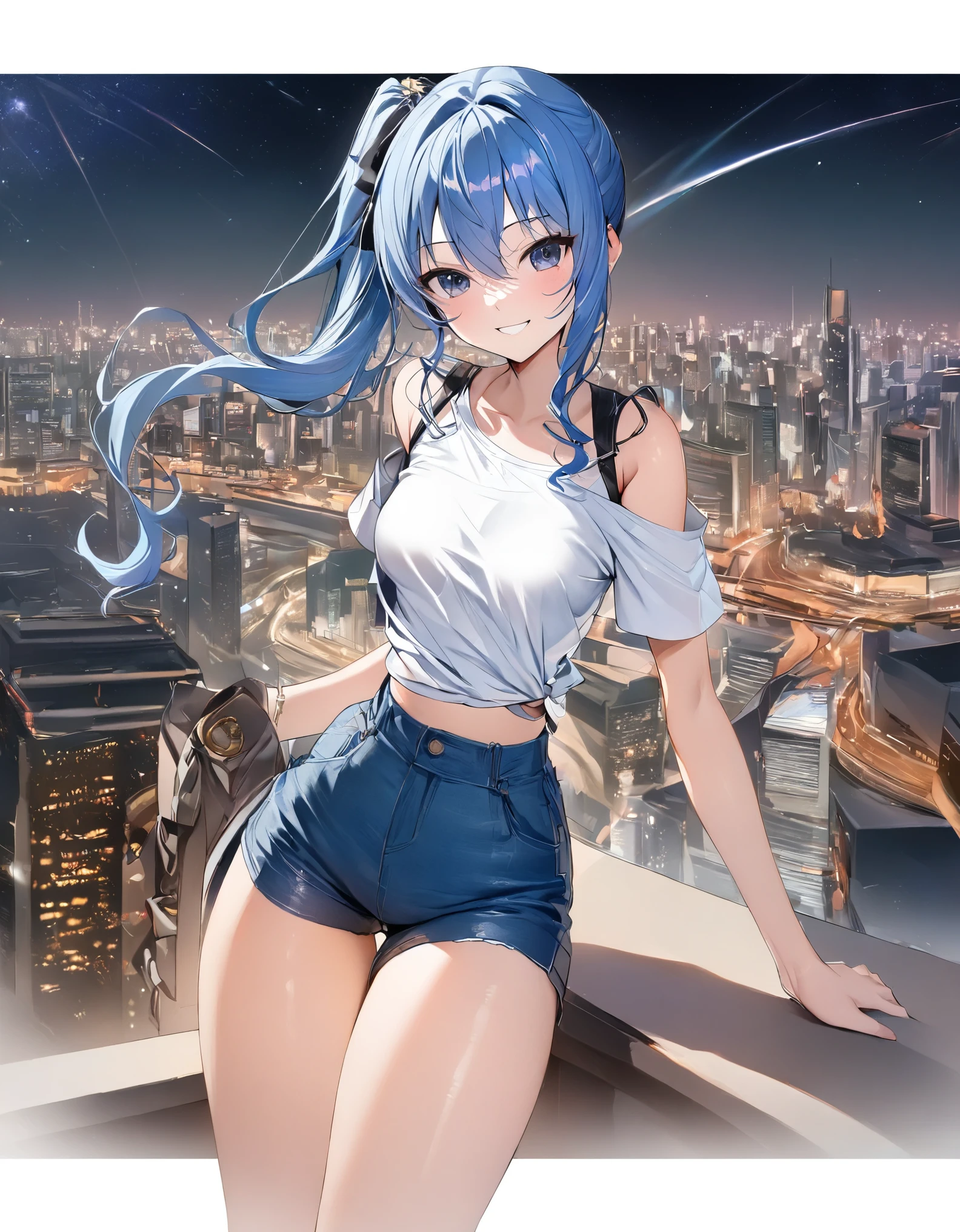 (8k、Best image quality、highest quality、masterpiece)、Detailed face、 1teen_girl、Blue Hair、Long Hair、sideponytail、dark_blue_eyes、smile,(peek_navel:0.7),(small_breasts:0.8),(White_T-shirt:1.3)、Off_shoulder、Black shoulder straps、(open_front_shorts,denim_short_shorts:1.2)、City Background, starry_sky_landscape ,hoshimachi suisei, (belly_button:1.2),nihil,solo,stargaze,girl_looking_up_sky,slender,solo,boots,abs, tight_waist, point_to_sky,slender_thighs,knees