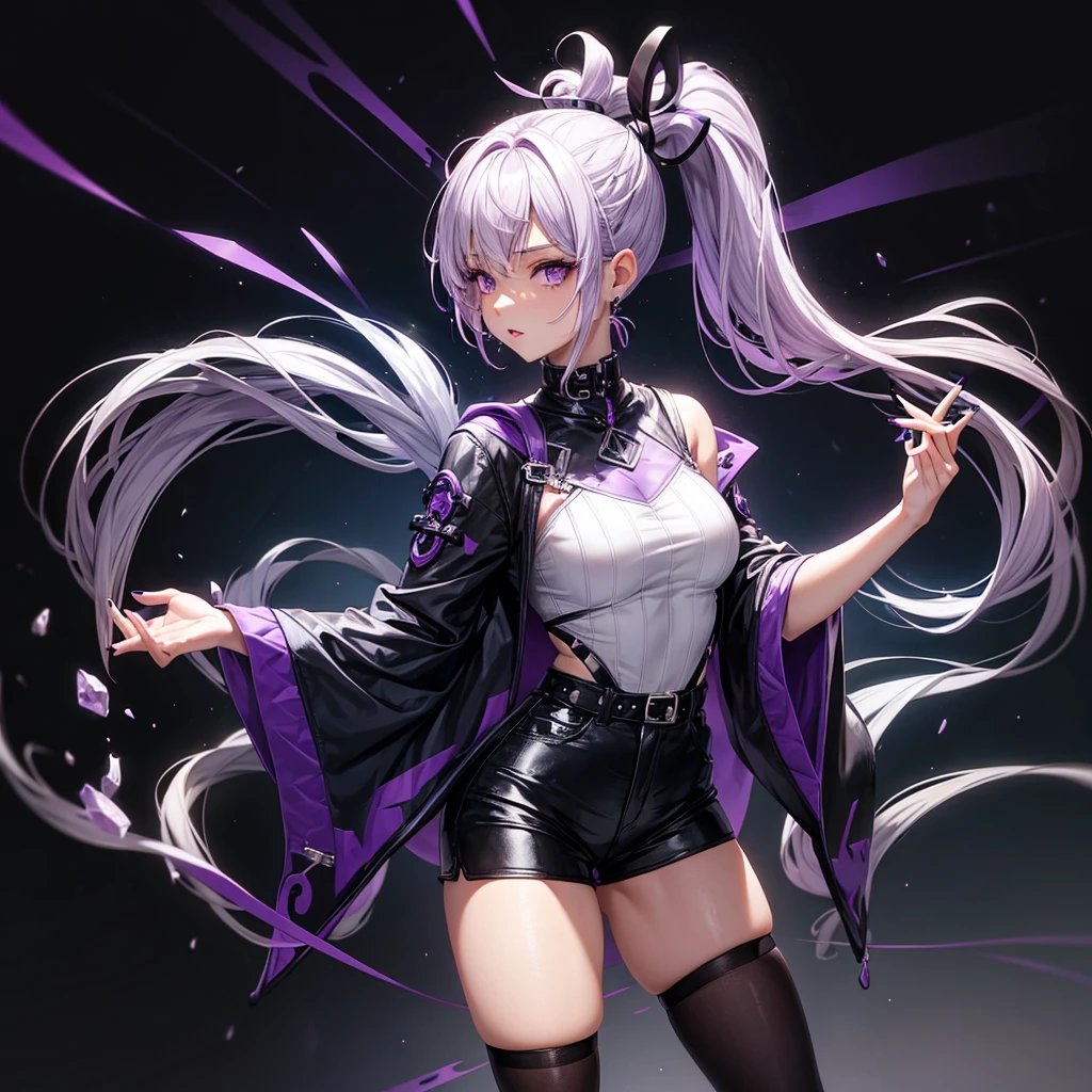 A slim 19-year-old girl with long lavender hair, silver-gray eyes and wears stylish black glasses. her skin is snow white and smooth.