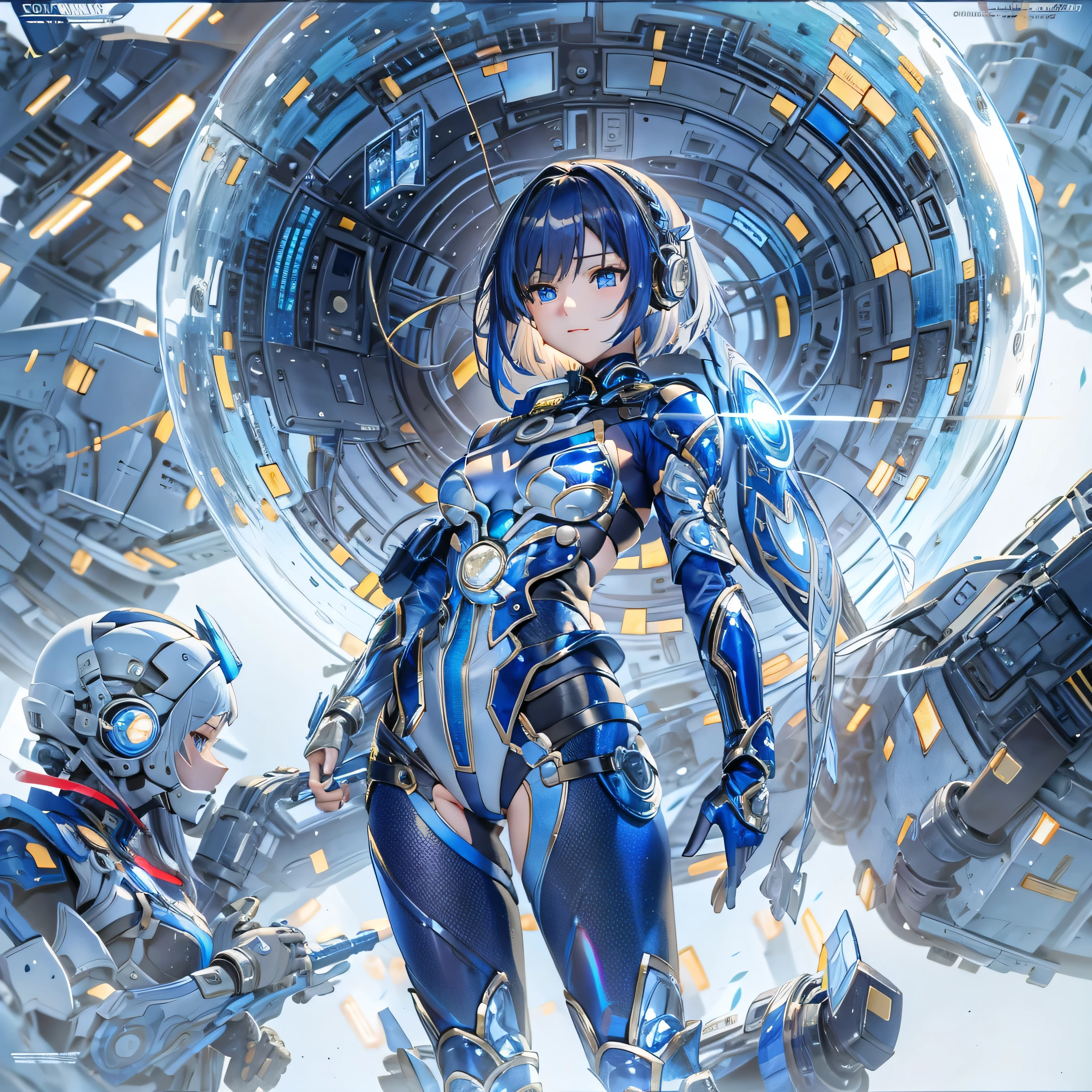 (masterpiece、highest quality、highest resolution、clear_image、detailed details、Angle from above): (full body figure、One 20 year old girl、Japanese faces、small face、Slender、Navy blue super short bob cut hair、(hidden small breasts:1.3)、sparkling blue eyes、Shiny pilot suit in blue and black colors、armor that protects the chest、tight fitting clothes、clothes that cover the whole body、shiny clothes、tight fit pants、hide the skin、very delicate and beautiful、detailed skin、hide thighs、Hide your ass、cute type、gentle smile、soft expression、heroine、headset、Knee-high boots、gloves up to the elbow、eye level shot、facing directly、woman on a spaceship)