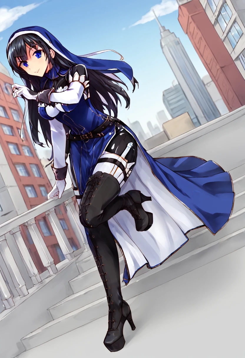 White gloves, long skirt, 1girl, Solo,double bun,nun,blue eyes, black hair, city, black heel boots, nun outfits