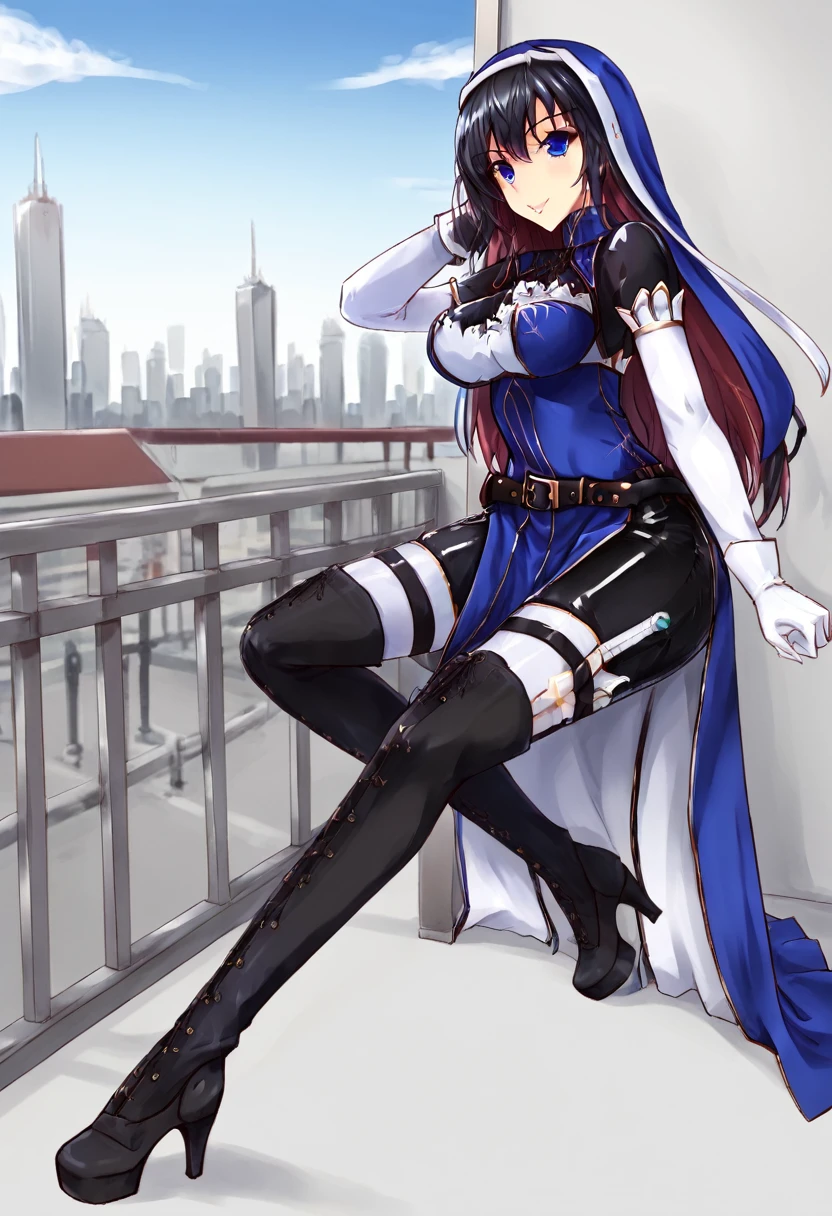 White gloves, long skirt, 1girl, Solo,double bun,nun,blue eyes, black hair, city, black heel boots, nun outfits