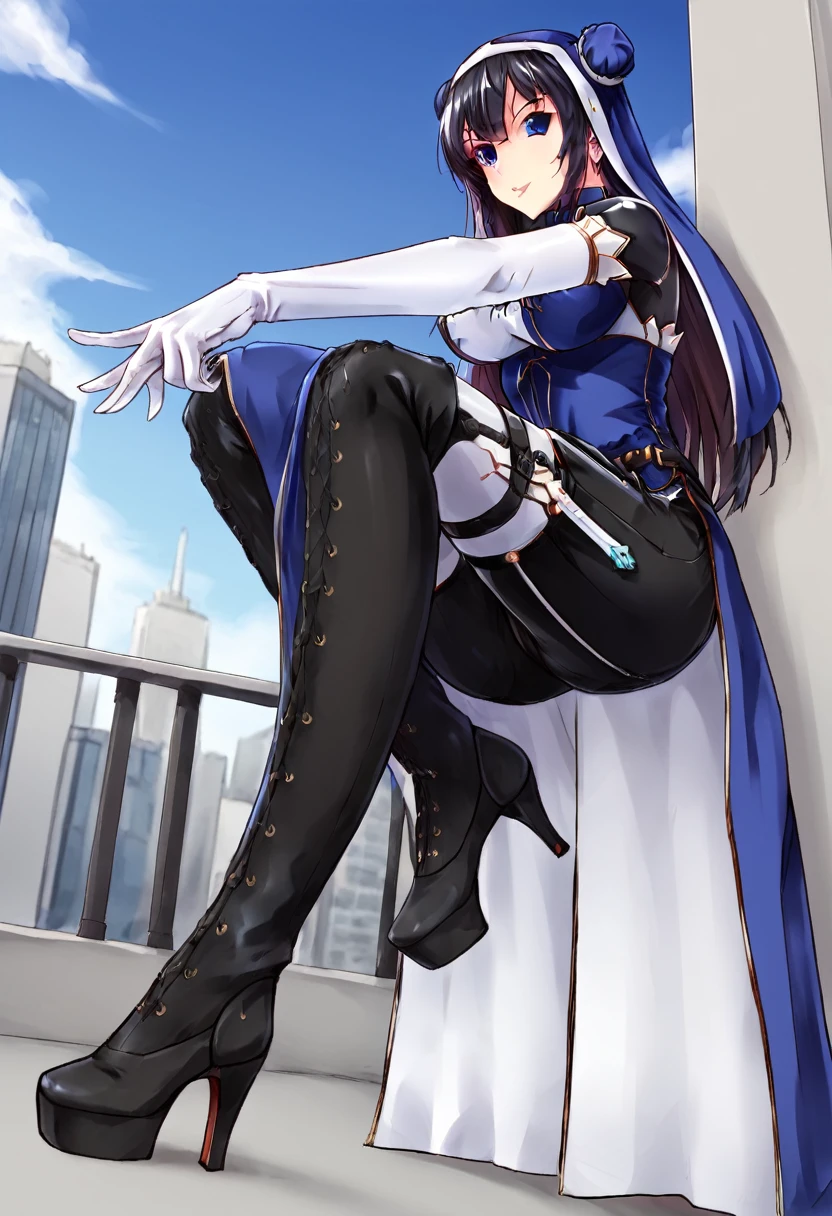 White gloves, long skirt, 1girl, Solo,double bun,nun,blue eyes, black hair, city, black heel boots, nun outfits