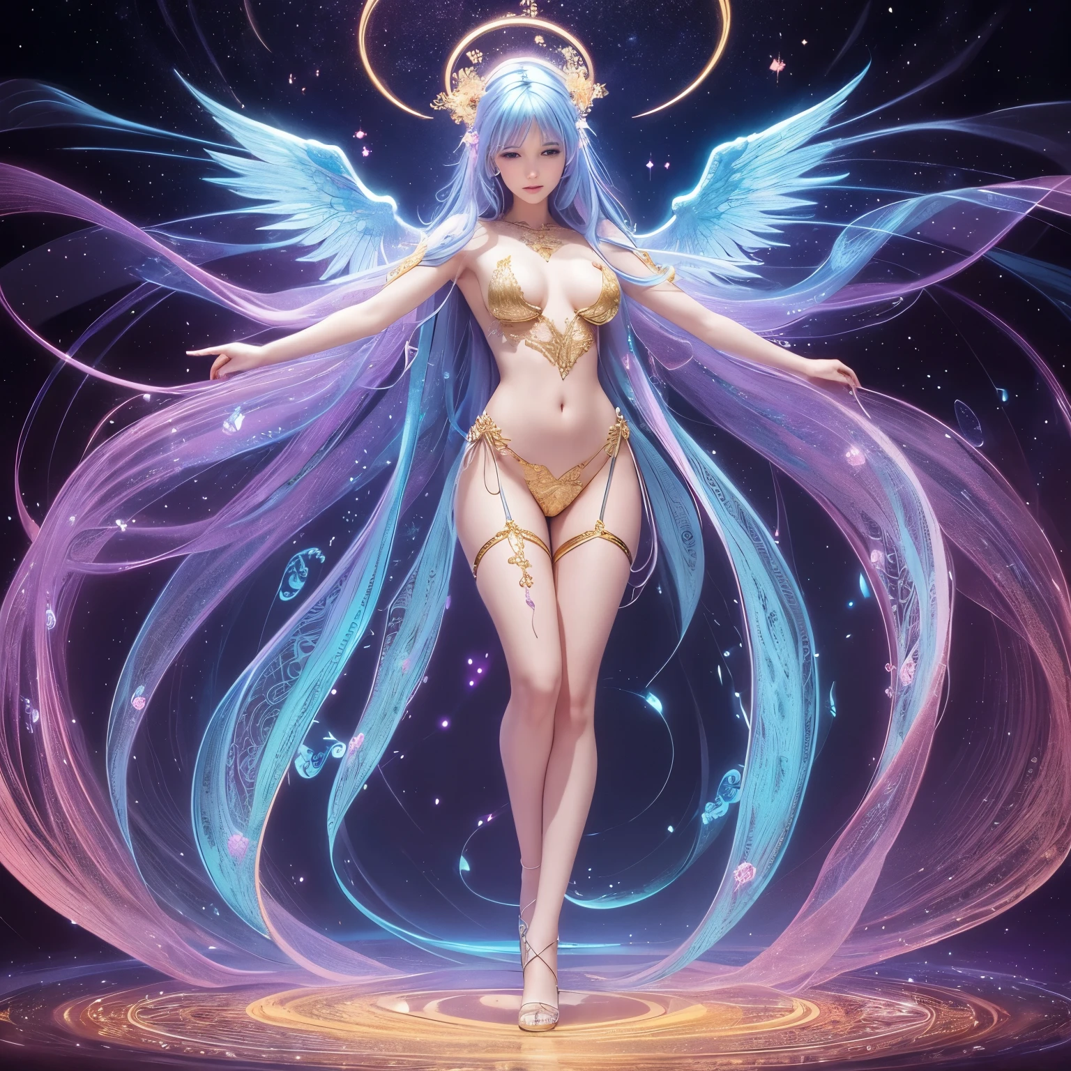 a beautiful nude woman with big messy hair, seductive pose, curvy, full body, vibrant, cute detailed digital art, colorful digital fantasy art, digital fantasy art ), glossy digital painting, pastel vibrant. In outer space.