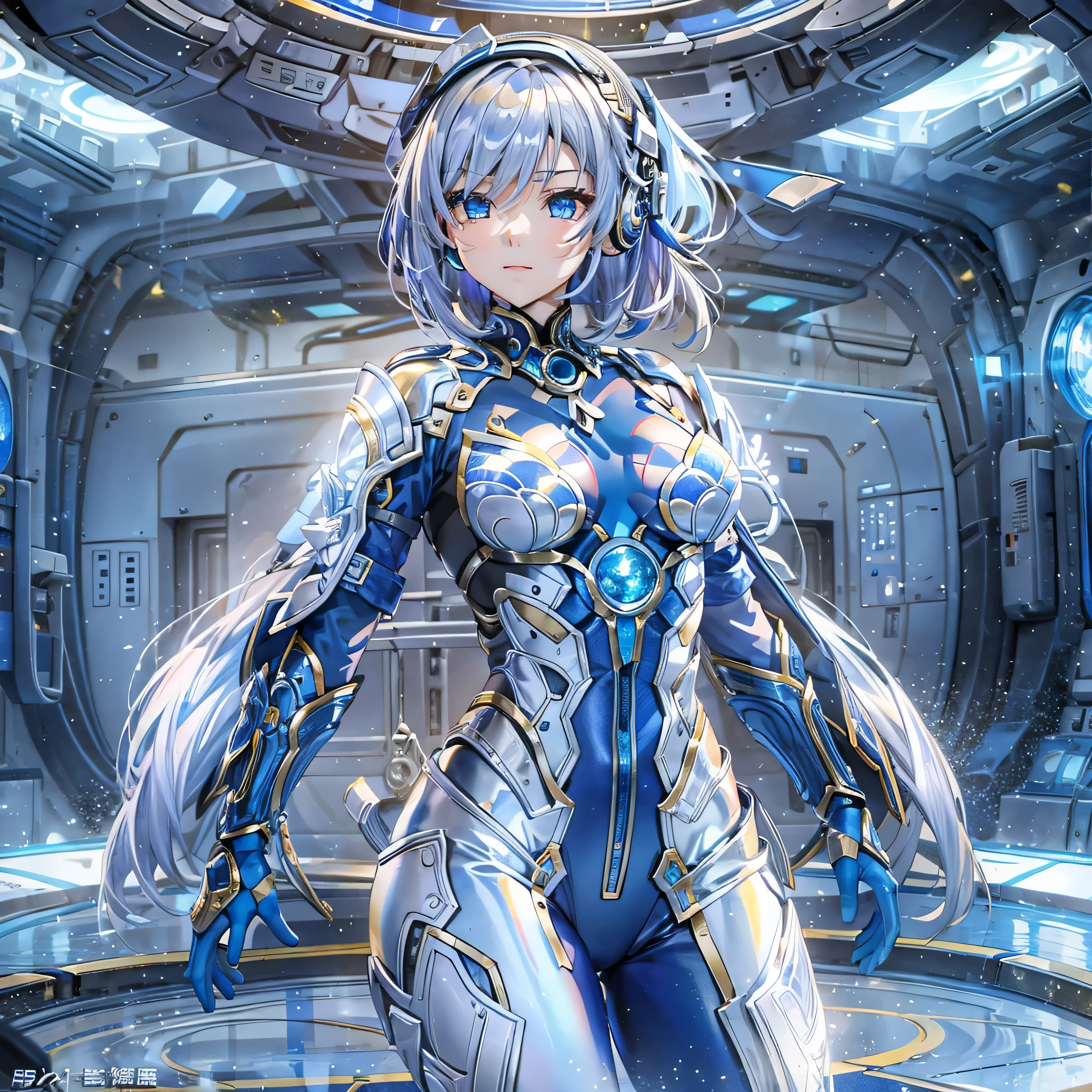 (Holographic glow effect)),(masterpiece、Best Quality、 highest resolution 、Clear_image、Detailed details): (Whole body、A 20 year old girl、Japanese Faces、Small Face、Slender、Navy blue super short bob cut hair、(Hidden small breasts:1.3)、Sparkling blue eyes、Shiny pilot suit in white, blue and black colors、Chest protection armor、Tight fitting clothes、Clothing that covers the whole body、Glamorous clothes、Tight Fit Pants、Hide your skin、 very delicate and beautiful、Detailed Skin、Hide your thighs、Hide your ass、Cute、A gentle smile、Soft expression、heroine、 headset 、 Long Boots 、Elbow-length gloves、 eye level shot 、Peace talks between warring factions,attention arousal, Clever Blue Eyes,Face directly、Woman on a spaceship),White simple background