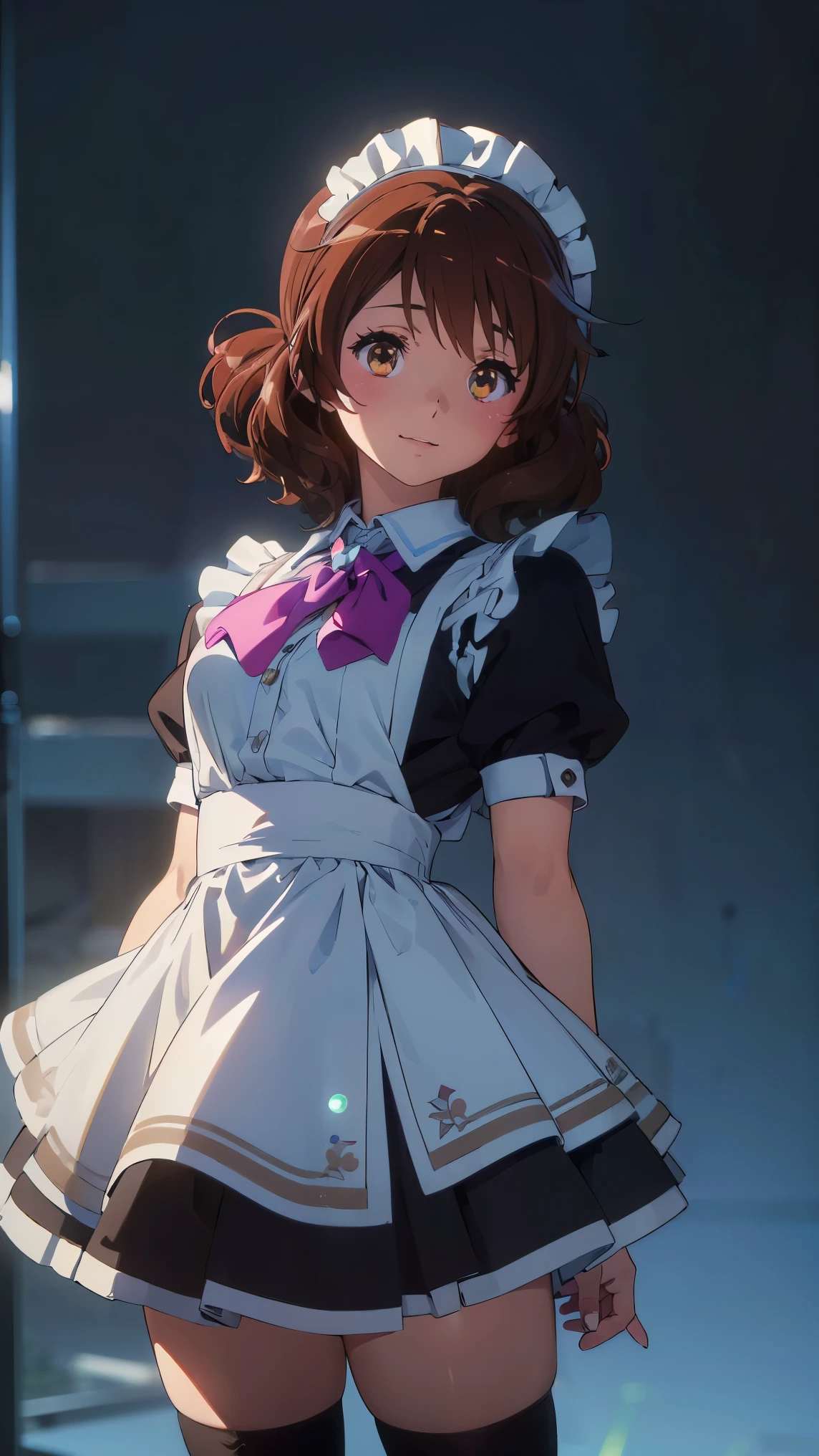 (最High image quality, 8k, High image quality, high detail,masterpiece:1.2)、kumiko oumae,Eye light、Face Light、  Shining Eyes 、Alone、1 girl、 Viewers、Anime、Animeカラーリング、( to emphasize muscles:1.3)、(Perfect hands,   Perfect Anatomy)、(がViewersを見つめている、  focus on the face)、Shining Eyess、( to emphasize muscles:1.3),Alone,1 girl、Cool Beauty、( Viewers、 Blur the background :1.3)、Animeカラーリング、(noon、 School Festival _Maid Cafe), ( Perfect hands,    beautifully detailed eyes kept in the car ))、 (Maid uniform:1.2), （Fabric, Mini Swirl Skirt, Maid Bandana,   Black Stockings , Wristbands）、( Blur the background :1.3)、 Before the Topic  、Detailed skin、((  The image placed in the center  )),((  glowing skin  ,smile))、 (((masterpiece))), ((top-quality)), ((   intricate detail)),   perfect eyes, Captivating eyes,