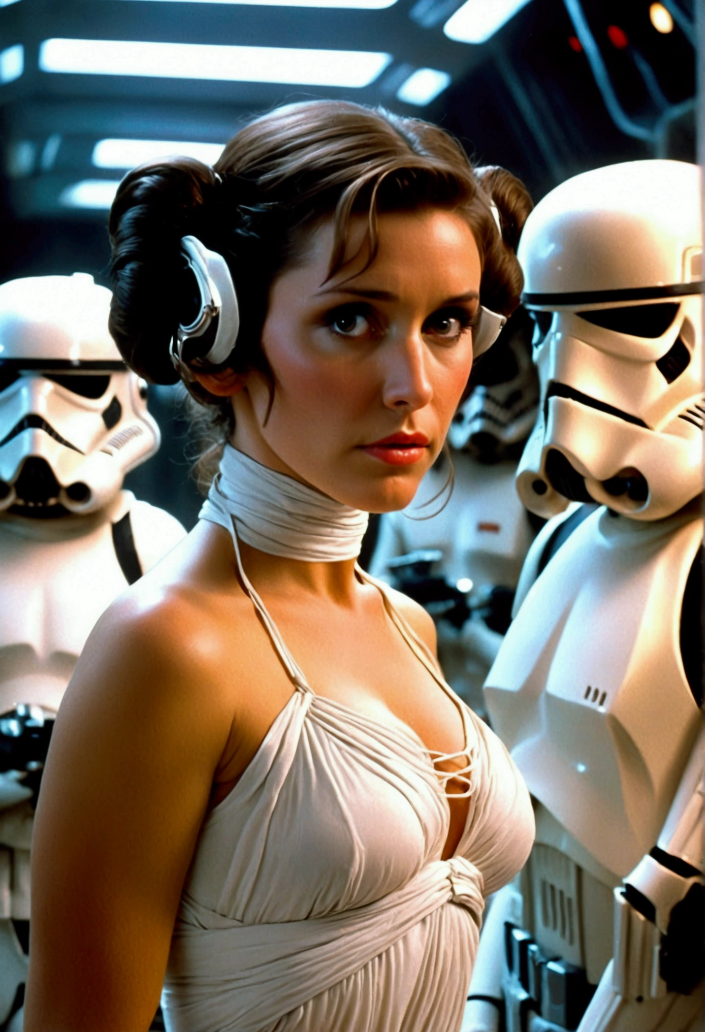 carrie fisher_v1 1970 a DJ, showcasing her skills on the turntables at a vibrant rave."