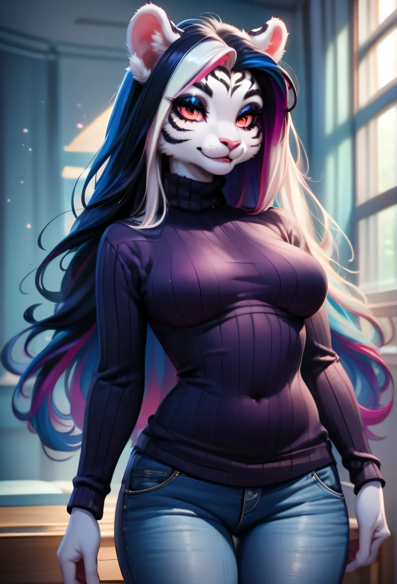 from Kenketa, от dead flesh8, (от thebigslick, by silverfox5213:0.8), (from Suro:0.2), All white wolf, Female, white iris of the eye, Red sclera, White wolf ears, Long purple hair, long blue bangs, Hair parted in the middle, Sexy мордашка, black nose, wolf tail, wears a black long T-shirt, black hand warmers, black fingerless gloves, black necklace, in nice short shorts, black boots, sitting by the night starry window.. feminine, Sexy, Charismatic