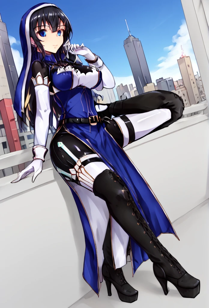 White gloves, long skirt, 1girl, Solo,double bun,nun,blue eyes, black hair, city, black heel boots, nun outfits