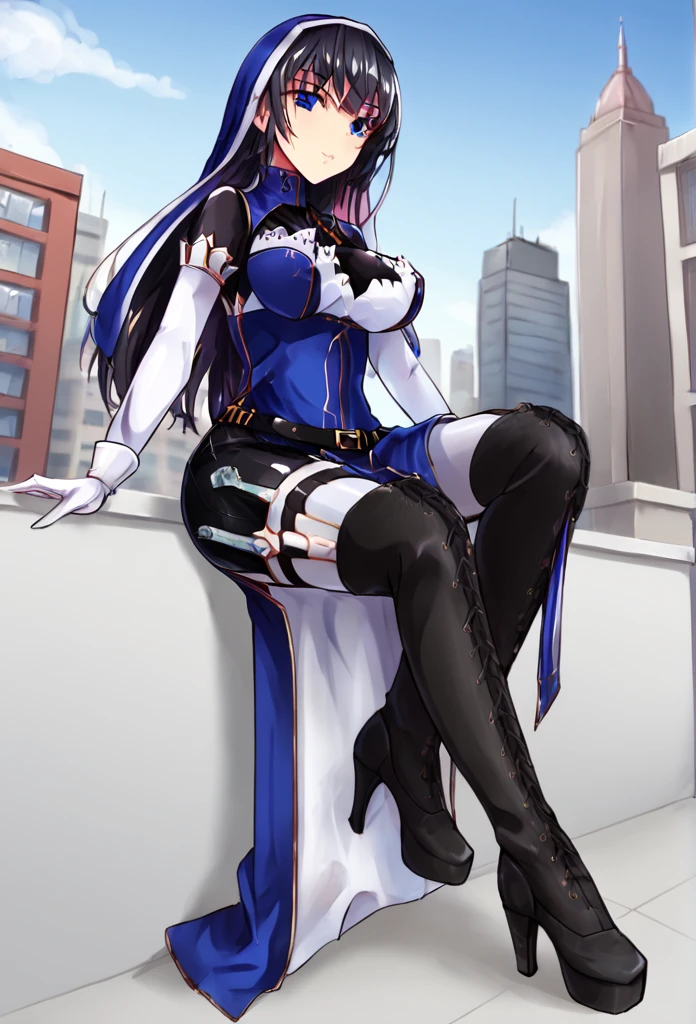 White gloves, long skirt, 1girl, Solo,double bun,nun,blue eyes, black hair, city, black heel boots, nun outfits