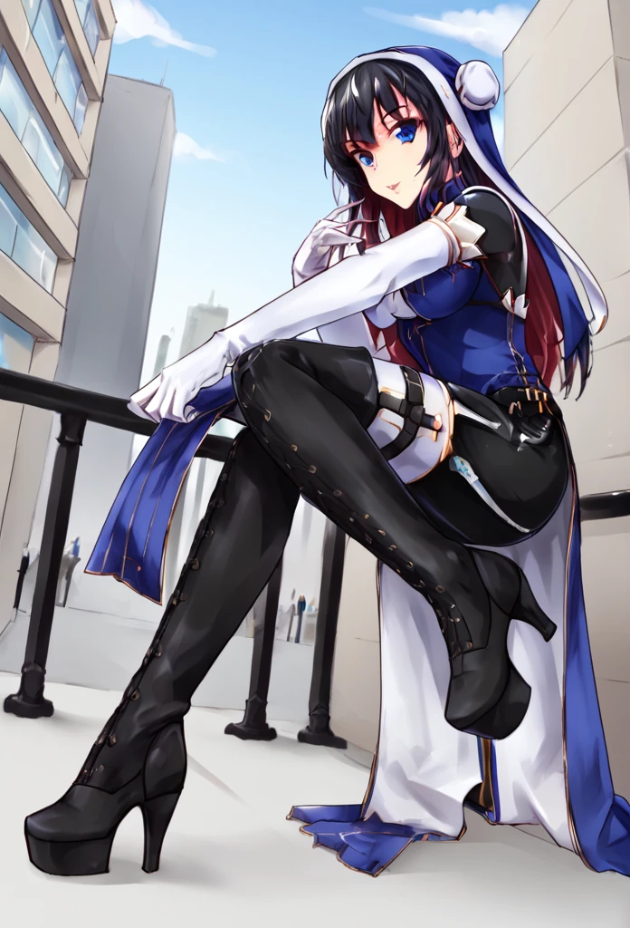 White gloves, long skirt, 1girl, Solo,double bun,nun,blue eyes, black hair, city, black heel boots, nun outfits