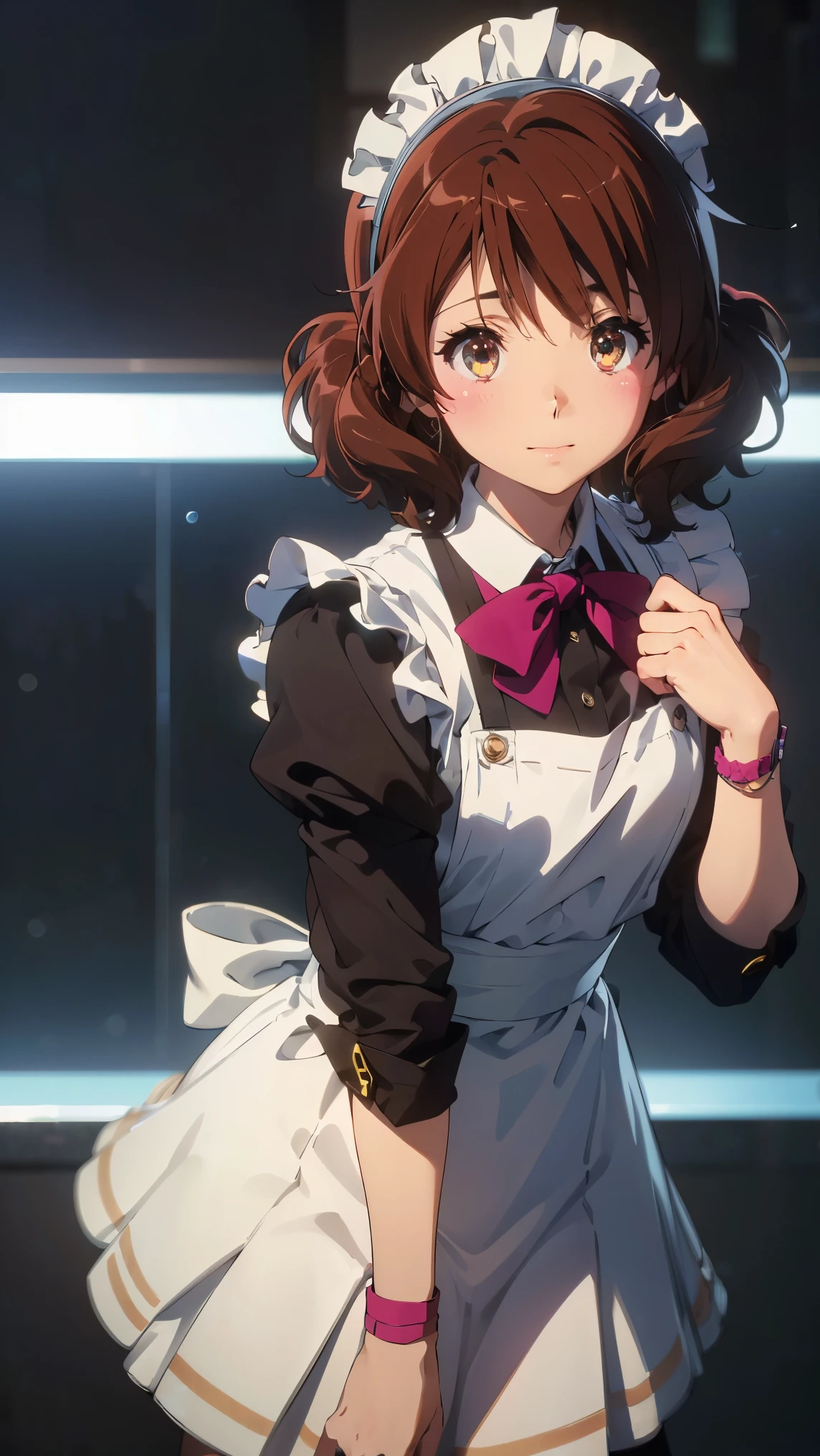 (最High image quality, 8k, High image quality, high detail,masterpiece:1.2)、kumiko oumae,Eye light、Face Light、  Sparkling Eye 、Alone、1 girl、 viewers、anime、animeカラーリング、(from the front:1.3)、(Perfect hands,  Perfect Anatomy)、(Looking at the viewer、 focus on the face)、Sparkling Eyes、(from the front:1.3),Alone,1 girl、( viewers、Blur the background:1.3)、animeカラーリング、(noon、 school festival _Maid Cafe), (  beautiful detailed eyes)、 (Maid uniform:1.2), （Made Cloth, Mini Swirl Skirt, Maid Bandana,  black stockings, Wristbands）、(Blur the background:1.3)、Before the topic、Detailed skin、(( The image placed in the center )),((Glowing Skin,smile))、 (((masterpiece))), ((top-quality)), (( complicated details)),  perfect eyes, Captivating Eyes,Show Panties