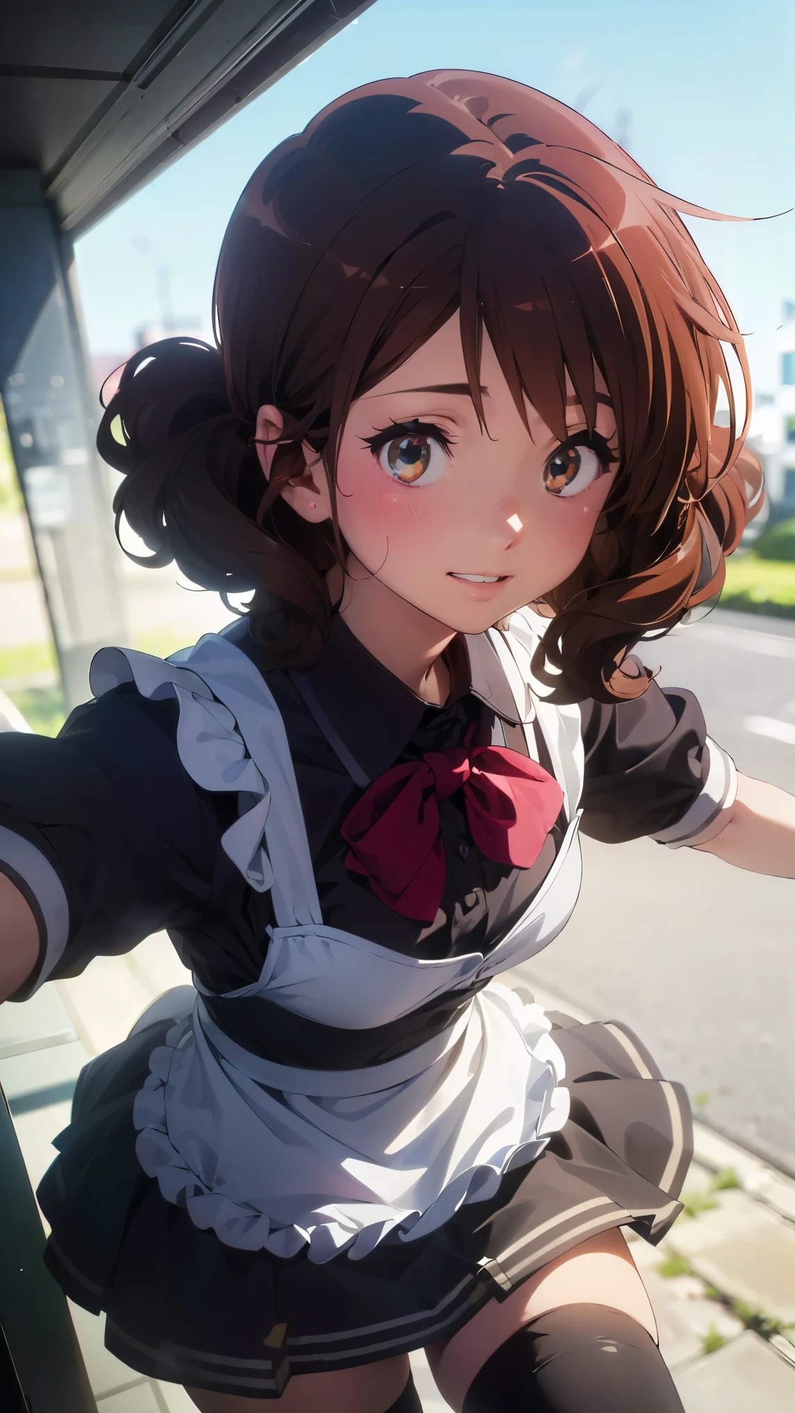 (最High image quality, 8k, High image quality, high detail,masterpiece:1.2)、kumiko oumae,Eye light、Face Light、  Sparkling Eye 、Alone、1 girl、 viewers、anime、animeカラーリング、(from the front:1.3)、(Perfect hands,  Perfect Anatomy)、(Looking at the viewer、 focus on the face)、Sparkling Eyes、(from the front:1.3),Alone,1 girl、( viewers、Blur the background:1.3)、animeカラーリング、(noon、 school festival _Maid Cafe), (  beautiful detailed eyes)、 (Maid uniform:1.2), （Made Cloth, Mini Swirl Skirt, Maid Bandana,  black stockings, Wristbands）、(Blur the background:1.3)、Before the topic、Detailed skin、(( The image placed in the center )),((Glowing Skin,smile))、 (((masterpiece))), ((top-quality)), (( complicated details)),  perfect eyes, Captivating Eyes,Show Panties