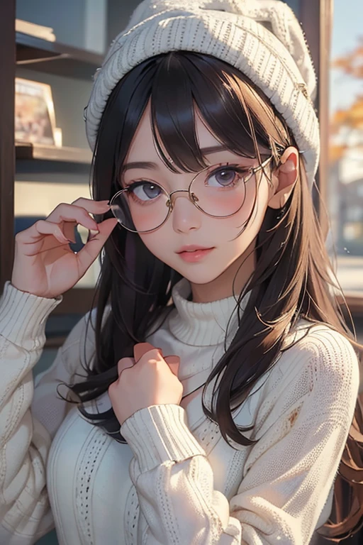 ((Best Quality)), ((傑Best Quality、masterpiece、High sensitivity、 High Resolution 、Detailed Description、 delicate facial depiction)), Slender woman、Glasses、 gentle expression、Knitted hat、Autumn outfit、Going out dating 、