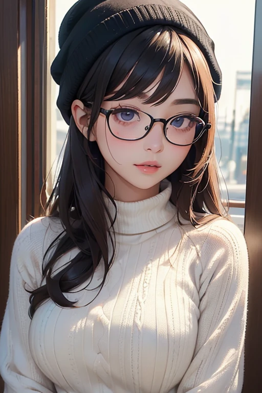 ((Best Quality)), ((傑Best Quality、masterpiece、High sensitivity、 High Resolution 、Detailed Description、 delicate facial depiction)), Slender woman、Glasses、 gentle expression、Knitted hat、Autumn outfit、Going out dating 、