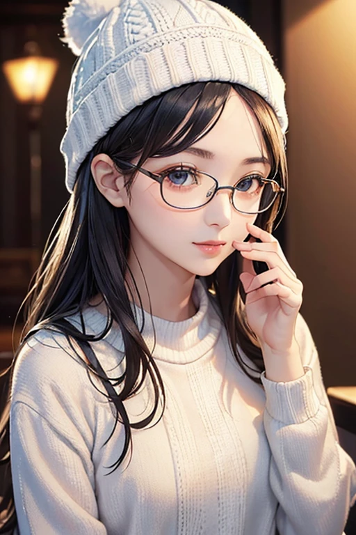 ((Best Quality)), ((傑Best Quality、masterpiece、High sensitivity、 High Resolution 、Detailed Description、 delicate facial depiction)), Slender woman、Glasses、 gentle expression、Knitted hat、Autumn outfit、Going out dating 、