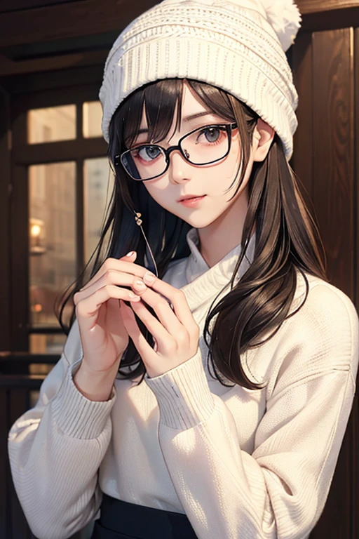 ((Best Quality)), ((傑Best Quality、masterpiece、High sensitivity、 High Resolution 、Detailed Description、 delicate facial depiction)), Slender woman、Glasses、 gentle expression、Knitted hat、Autumn outfit、Going out dating 、