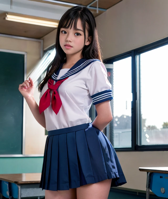 Raw photo , 1 girl  ,Wearing sailor uniform ((teen school girl lifting skirt in the classroom)) , professional photographer, (hdr:1.4), masterpiece, ultra-realistic 8k, perfect artwork, intrincate details, cute face, award winning photograph, (Best quality, 8k, 32k, Masterpiece, UHD:1.3) ,