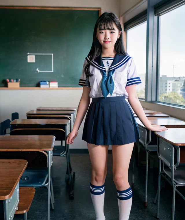 Raw photo , 1 girl  ,Wearing sailor uniform ((teen school girl lifting skirt in the classroom)) , professional photographer, (hdr:1.4), masterpiece, ultra-realistic 8k, perfect artwork, intrincate details, cute face, award winning photograph, (Best quality, 8k, 32k, Masterpiece, UHD:1.3) ,