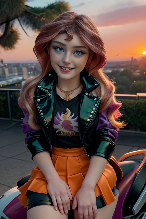 (masterpiece, The best quality:1.2), Alone, 1 girl , beautiful teenager europea , caucasian , brillo Mlp, nice smile , make-up  , looking at the viewer, pequeña black jacket , Sunset glow , Mlp , 18 years old , beautiful teenager , Teenage Model , turquoise eyes , inside, dusk , Park , full body photo  , happy , nice smile , She is wearing a pink shirt , black jacket , orange skirt with purple stripes, boots with heels , sitting on a motorcycle , wear blue gloves 