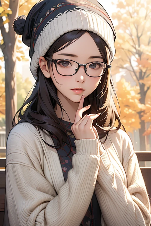 ((Best Quality)), ((傑Best Quality、masterpiece、High sensitivity、 High Resolution 、Detailed Description、 delicate facial depiction)), Slender woman、Glasses、 gentle expression、Knitted hat、Autumn outfit、Going out dating 、