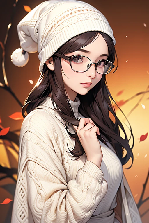 ((Best Quality)), ((傑Best Quality、masterpiece、High sensitivity、 High Resolution 、Detailed Description、 delicate facial depiction)), Slender woman、Glasses、 gentle expression、Knitted hat、Autumn outfit、Going out dating 、