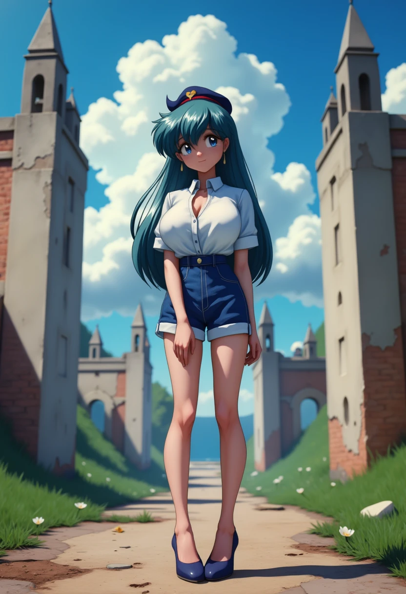 female focus,full body,cinematic angle,blue sky with clouds,no humans,building_ruins,poster,wavy_hair,collared shirt,denim shorts,high heeled sandals,areola_slip,cabbie_hat,