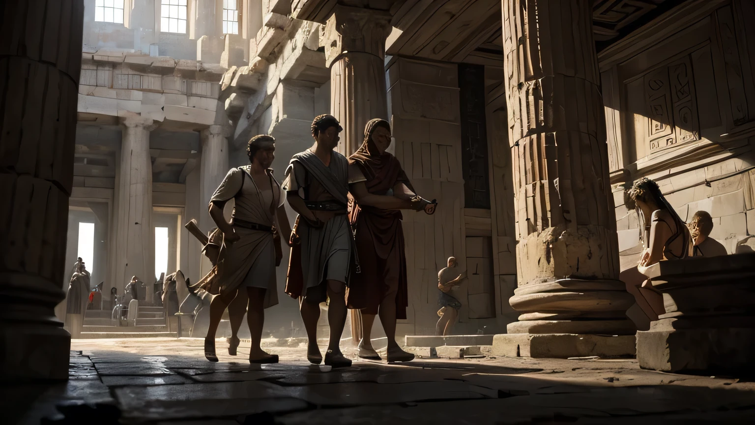 Create an image depicting seven young men and seven maidens, captives of ancient Greece, standing before the entrance of the labyrinth