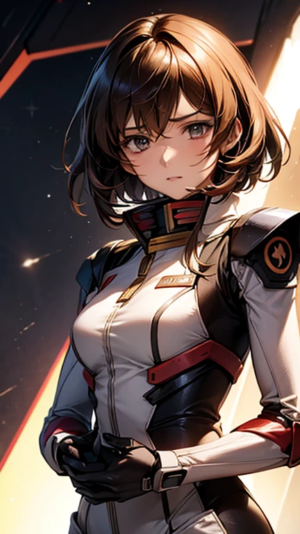 brown hair girl. Black jacket. ultra detailed. Diamond-shaped neckline. hypdertailed. square, sun at dawn.