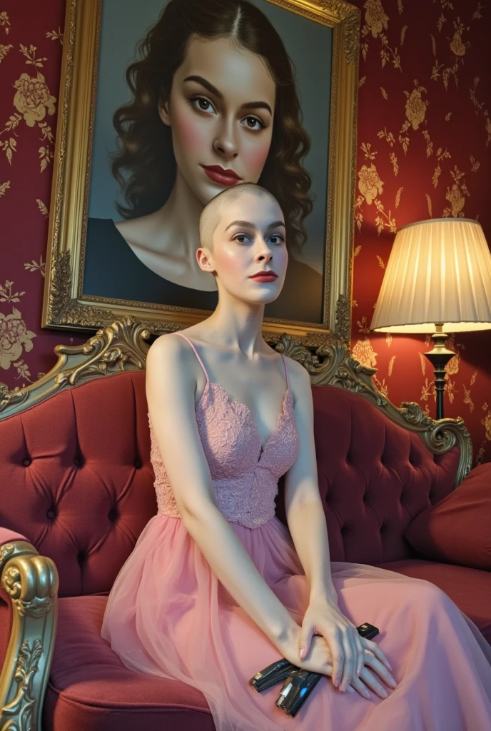 (She is visibly very sexually aroused by the viewer and is anxiously excited), the scene is a surreal, luxurious image of a woman sitting elegantly on a lavish, baroque-style couch with ornate golden carvings. She is dressed in a flowing, pink dress with delicate lace details that catch the soft ambient light. Her head is clean shaven and bald, similar to her pale, freckled ethereal face. The room around her is richly decorated, with heavy velvet curtains in a deep crimson hue and walls adorned with intricate, golden floral patterns. A vintage lamp casts a warm glow, contrasting with the cool blue light that illuminates her. (Behind her is a large framed portrait of her with long flowing hair). ((Large pile of hair on her lap, on top the hair is a set of hair clippers)). The scene has a cinematic, dreamlike quality, with subtle hints of abstraction—the colors appear rich and saturated, giving the room an almost otherworldly atmosphere. In the background, a mysterious, shadowy detailed painting of her with long hair hangs on the wall, adding a sense of intrigue.
