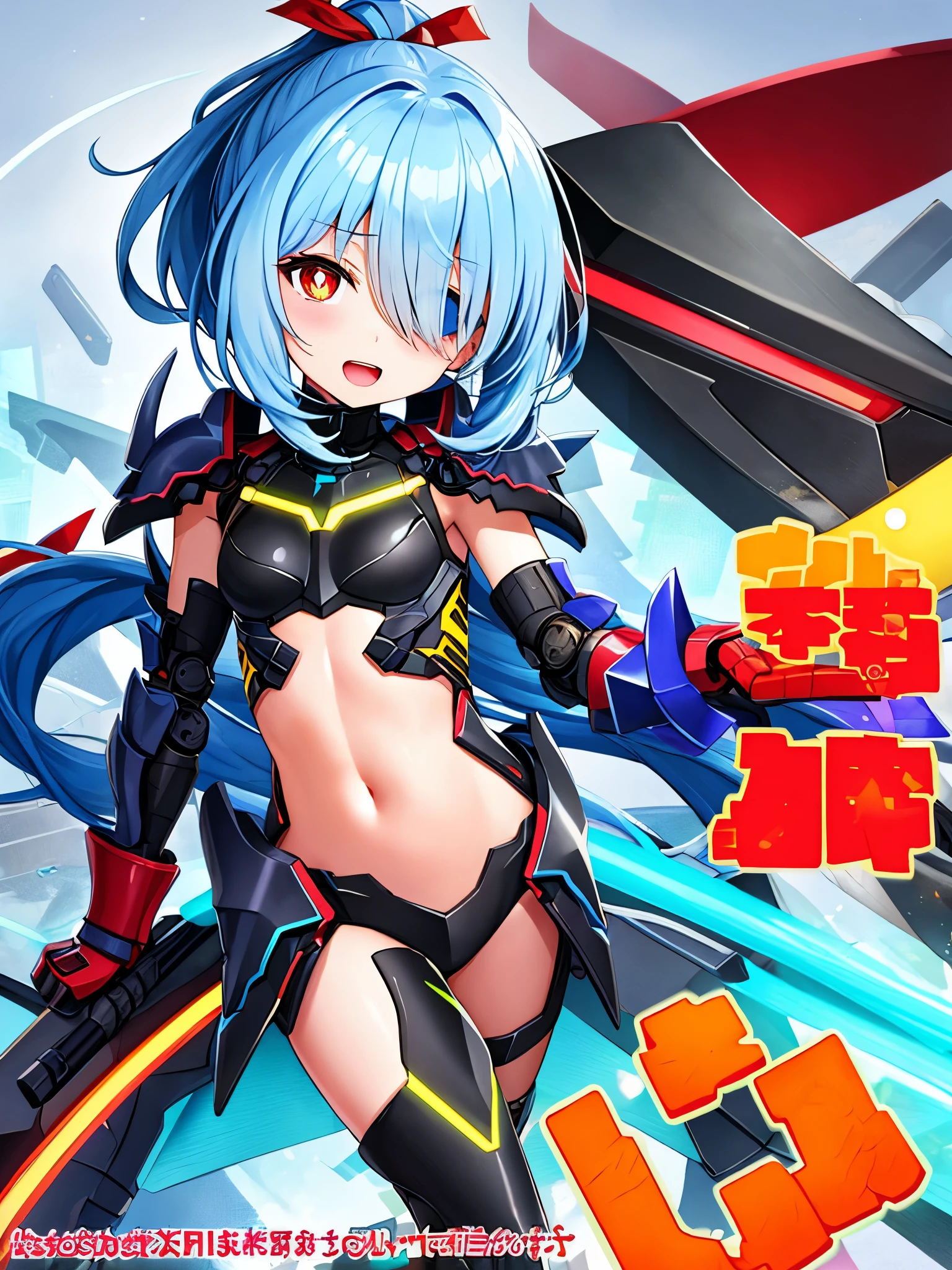 Japanese_anime_style,1figure_size_girl,(loli:1.3), (short_straight_ponytail:1.3), (light_blue_hair:1.3),black_mechanical_armor_parts,red_white_parts_black_body_suit,bare_shoulder,bare_thighs,medium_breasts,in_city_background,Stinging_eyes,(half_pupil:1.5),sleepy,thighhigh_greaves,gauntlets,dynamic_posing,bare_frank,metal_red_parts_black_armor,red_eye,
fists,1crystal_sword,hold_sword_hilt,glare,navel,large_mechanical_parts,happy,waist_armor,open_mouth,rise_legs,apart_legs, (very_long_bangs:1.3), (hair_over_one_eye:1.5),(long_bang_covers_right_half_of_face:1.5),
covered_pussy,