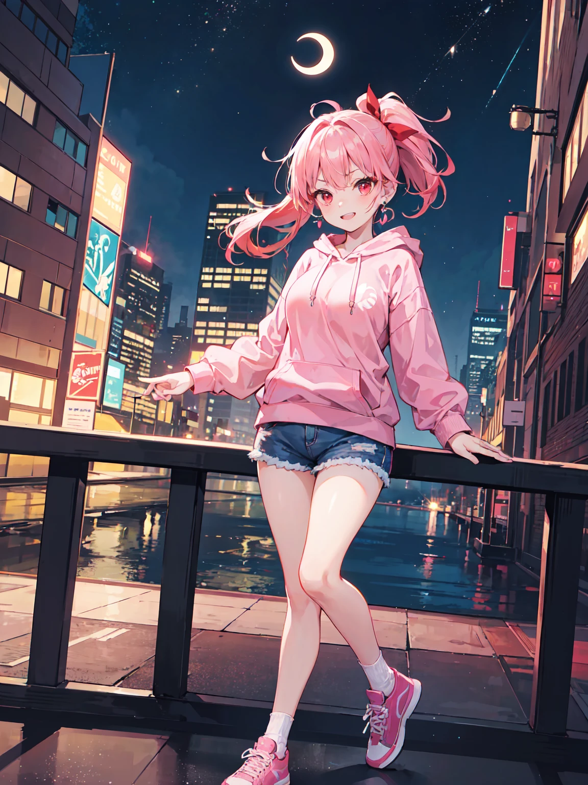 1girl , pink hair , ponytail , pink hoodie , full body , pink sneakers , white socks , denim shorts , red eyes, Hair Ribbon, snaggletooth, Backlight, Eyebrow cut, big breasts, Crescent moon earrings, Red face,Open your mouth slightly, snaggletooth, Eyes with droopy eyes, stupid laugh/Confident laugh , Wide shot, Lens Flare, closed mouth , on railing , cityscape , night sky