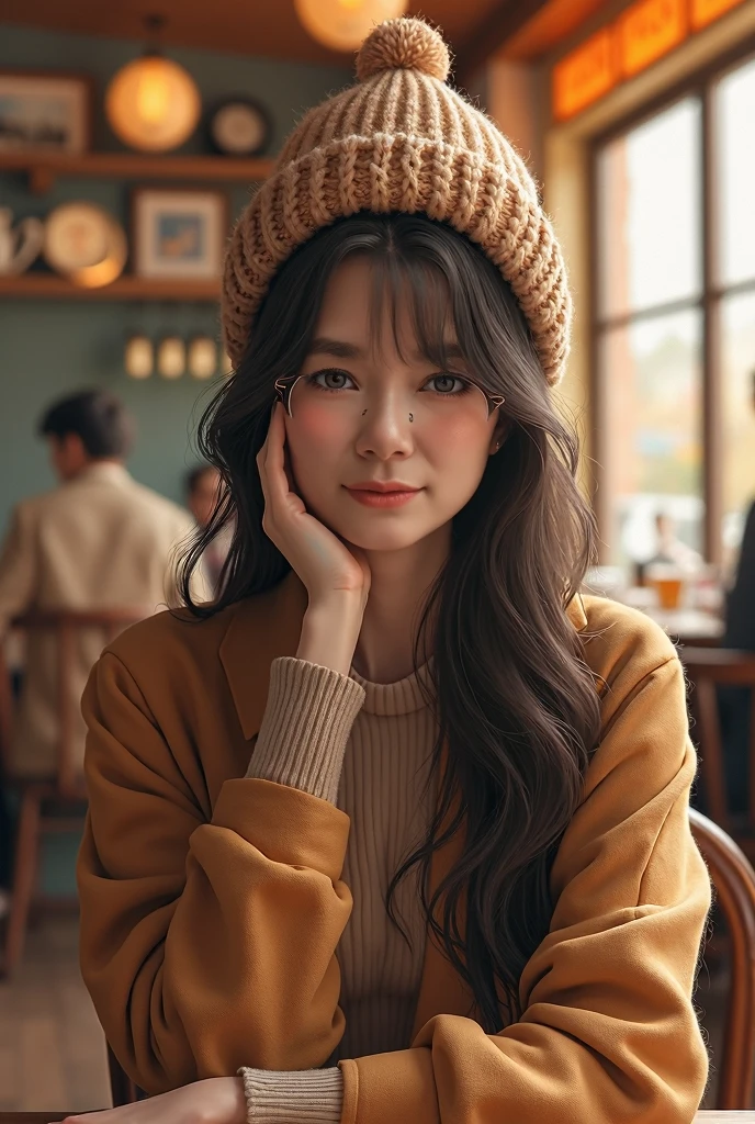 ((Best Quality)), ((傑Best Quality、masterpiece、High sensitivity、 High Resolution 、Detailed Description、 delicate facial depiction)), Slender woman、Glasses、 gentle expression、Knitted hat、Autumn outfit、Open Cafe、