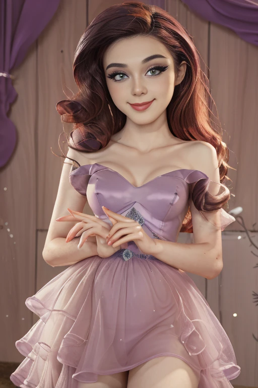 (Masterpiece, The best quality:1.2), only, 1 girl , beautiful teenage girl europea , sexy model  , mlp ,glow, Nice smile , make-up , Red lips , looking at the viewer , Nice smile ,   , beautiful teenage girl , teen model , blue eyes, park ,evening , lindo make-up , Red lips , purple hair , purple hair , Full body photo , mlp , Rarity  , tiene senos grandes , cara de felicidad , alegre , linda sonrisa , vestido elegante, parque , jardin hermoso , ella esta posando para la foto , cuerpo completo , ella est caminando sexy , tiene adornos de diamante en el cabello 