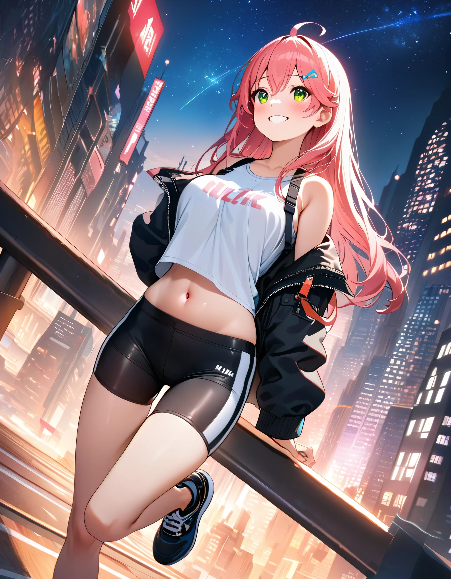 (8k、Best image quality、highest quality、masterpiece)、Detailed face、 1teen_girl、pink Hair、Long Hair、green_eyes、smile,(navel_peek)、(large_breasts),(White_short_T-shirt:1.5)、Off the shoulder、Black shoulder straps、(short_bike_shorts)、City Background, starry_sky_landscape ,sakura_miko,hololive,(covered_nipples:0.5),solo,stargaze,girl_looking_up_sky,sneaker,