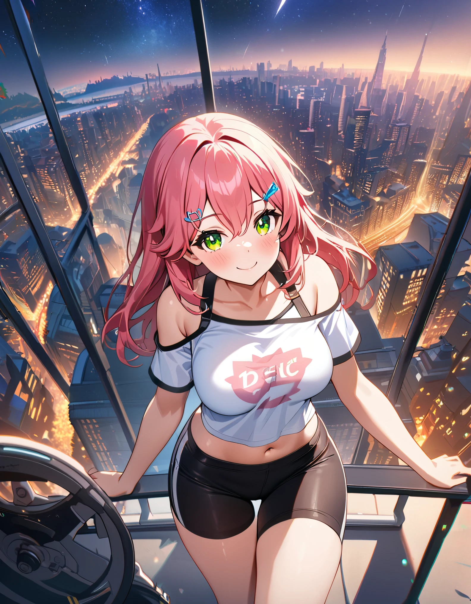 (8k、Best image quality、highest quality、masterpiece)、Detailed face、 1teen_girl、pink Hair、Long Hair、green_eyes、smile,(navel_peek)、(large_breasts),(White_short_T-shirt:1.5)、Off the shoulder、Black shoulder straps、(short_bike_shorts)、City Background, starry_sky_landscape ,sakura_miko,hololive,(covered_nipples:0.5),solo,stargaze,girl_looking_up_sky,sneaker,