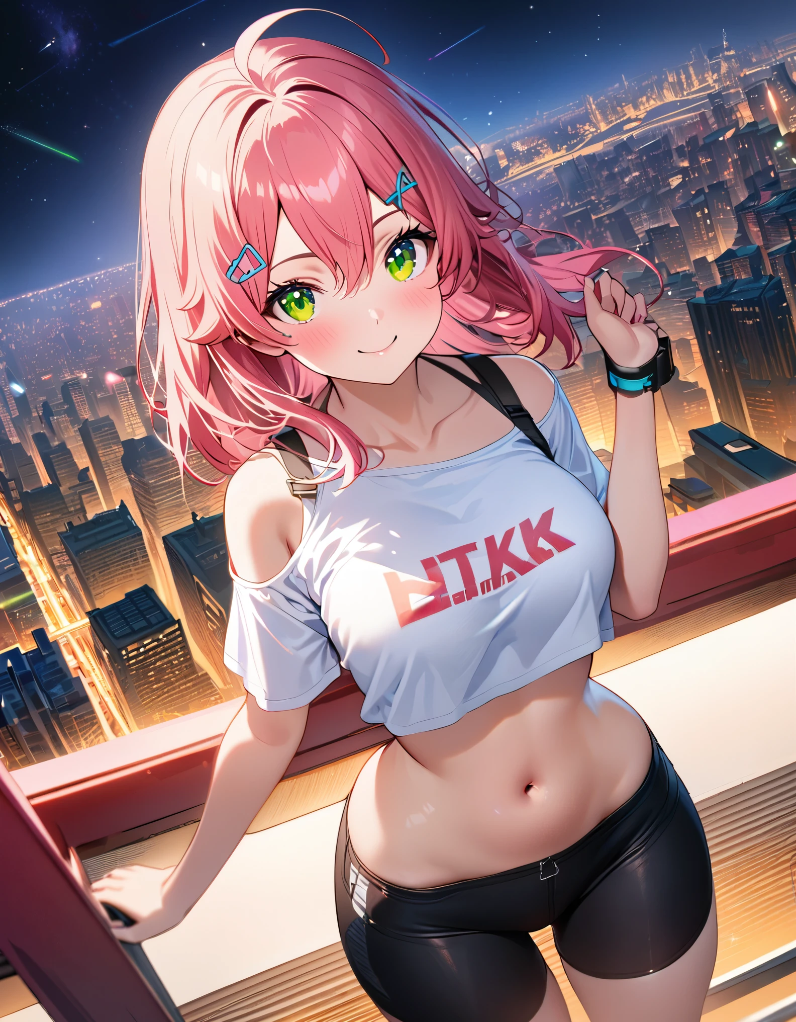 (8k、Best image quality、highest quality、masterpiece)、Detailed face、 1teen_girl、pink Hair、Long Hair、green_eyes、smile,(navel_peek)、(large_breasts),(White_short_T-shirt:1.5)、Off the shoulder、Black shoulder straps、(short_bike_shorts)、City Background, starry_sky_landscape ,sakura_miko,hololive,(covered_nipples:0.5),solo,stargaze,girl_looking_up_sky,sneaker,