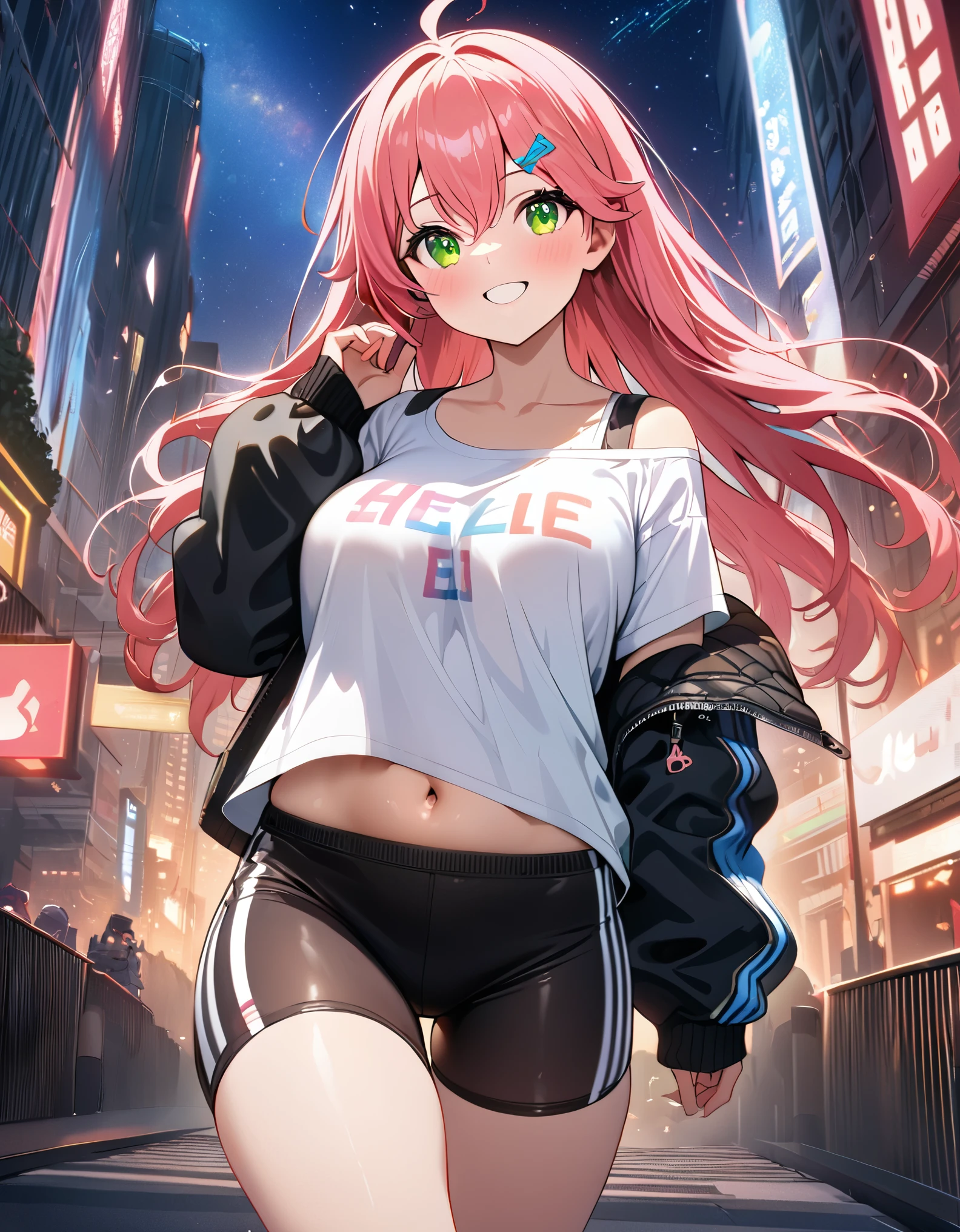 (8k、Best image quality、highest quality、masterpiece)、Detailed face、 1teen_girl、pink Hair、Long Hair、green_eyes、smile,(navel_peek)、(large_breasts),(White_short_T-shirt:1.5)、Off the shoulder、Black shoulder straps、(short_bike_shorts)、City Background, starry_sky_landscape ,sakura_miko,hololive,(covered_nipples:0.5),solo,stargaze,girl_looking_up_sky,sneaker,