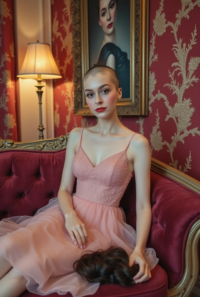 (She is visibly very sexually aroused by the viewer and is anxiously excited), the scene is a surreal, luxurious image of a woman sitting elegantly on a lavish, baroque-style couch with ornate golden carvings. She is dressed in a flowing, pink dress with delicate lace details that catch the soft ambient light. Her head is clean shaven and bald, similar to her pale, freckled ethereal face. The room around her is richly decorated, with heavy velvet curtains in a deep crimson hue and walls adorned with intricate, golden floral patterns. A vintage lamp casts a warm glow, contrasting with the cool blue light that illuminates her. (Behind her is a large framed portrait of her with long flowing hair). ((There is a pile of dark hair on her lap, and in her hand a set of Wahl hair clippers)). The scene has a cinematic, dreamlike quality, with subtle hints of abstraction—the colors appear rich and saturated, giving the room an almost otherworldly atmosphere. In the background, a mysterious, shadowy detailed painting of her with long hair hangs on the wall, adding a sense of intrigue.
