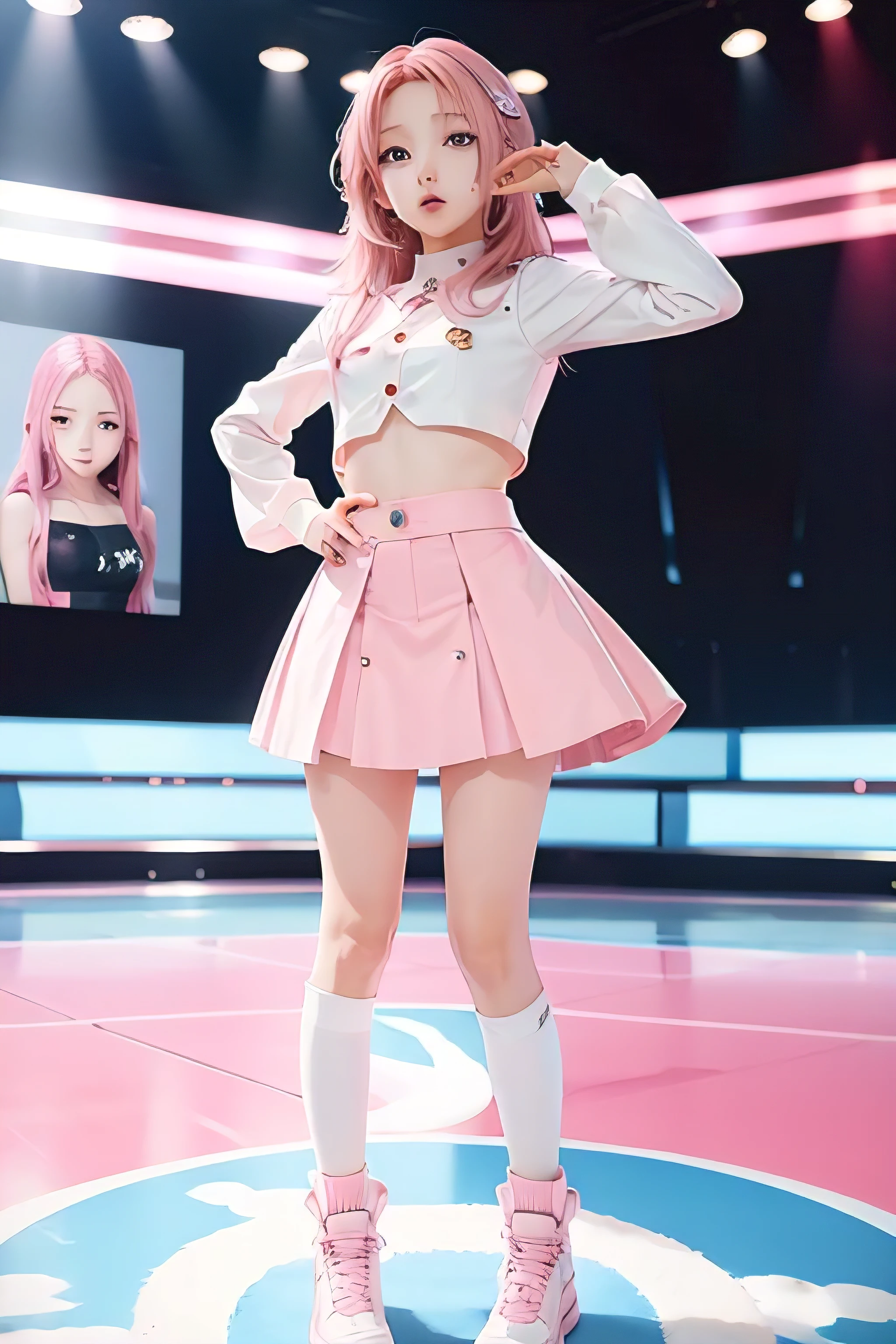 k-pop idol,Face front,little,pink hair,Full-body portrait 