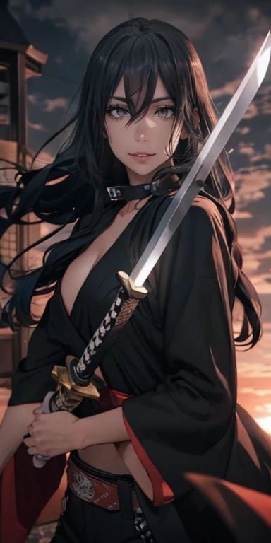 yukinoshita yukino, (long hair, black hair:1.5), grey eyes, sweating, glowing eyes, heavy breathing, female focus, sword, holding, solo, wide_sleeves, 1girl, black_hair, holding_sword, bare_shoulders, detached_sleeves, looking_at_viewer, long_sleeves, standing, breasts, floating_hair, sunset, katana, cowboy_shot, cloud, midriff, medium_breasts, looking_back, back, "glow effects, godrays, Hand drawn, render, 8k, octane render, cinema 4d, blender, dark, atmospheric 4k ultra detailed, cinematic, Sharp focus, big depth of field, Masterpiece, colors, 3d octane render, 4k, concept art, trending on artstation, hyperrealistic, Vivid colors, extremely detailed CG unity 8k wallpaper, trending on CGSociety, Intricate, High Detail, dramatic", anime coloring, anime screencap, sweating, steaming body, fog