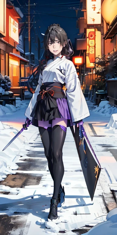 yukinoshita yukino, young 1girl, solo, sakifuwa, glazed eyes, very long hair, ponytail, orange eyes, black hair, black tights, white samurai suit, long leggings, purple strain of hair, very purple long skirt, holding dual sword, frost effects, frost blue, frost pillars, at mountain
