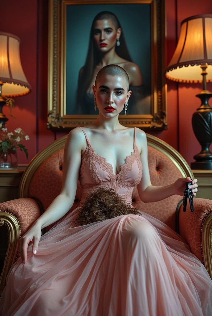 (She is visibly very sexually aroused by the viewer and is anxiously excited looking at them), the scene is a surreal, luxurious image of a woman sitting elegantly on a lavish, baroque-style couch with ornate golden carvings. She is dressed in a flowing, pink dress with delicate lace details that catch the soft ambient light. (Her head is shaved bald), similar to her pale, freckled ethereal face. The room around her is richly decorated, with heavy velvet curtains in a deep crimson hue and walls adorned with intricate, golden floral patterns. A vintage lamp casts a warm glow, contrasting with the cool blue light that illuminates her. (Behind her is a large framed portrait of her with long flowing hair). ((There is a large pile of hair on her lap, and in her hand a set of hair clippers)). The scene has a cinematic, dreamlike quality, with subtle hints of abstraction—the colors appear rich and saturated, giving the room an almost otherworldly atmosphere. In the background, a mysterious, shadowy detailed painting of her with long hair hangs on the wall, adding a sense of intrigue.
