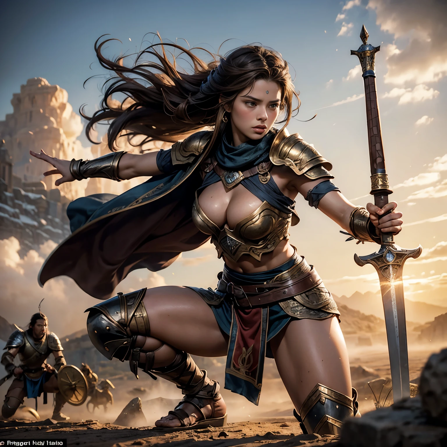 ((very delicate))best picture quality, ((The background is the center of a fierce battlefield.)), Full body of a beautiful female warrior, Full body with buttocks visible, female viking, bikini, big bust, red light armor, Exquisite dark brown hairstyle, spleen, roar, bright eyes, very detailed details, axe, circular shield, break your own power, 가슴골이 드러나는 big bust，R-18G, More detailed 8K.Unreal Engine, masterpiece, best quality,object object], (Detailed facial features), (4k detail),(realist, photorealism),((precise proportions))