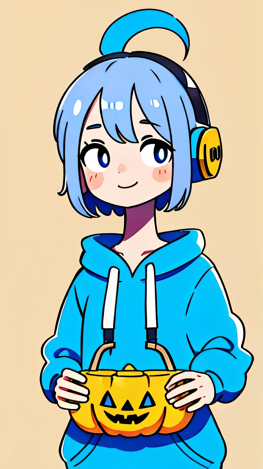 Mash Hair Short Hair Blue hair I'm wearing a blue hoodie I'm wearing headphones 1 male smile my iris is yellow Narrow eyes My cheeks are white The whole body is shown looking into the distance I'm wearing a Halloween pumpkin on my head my whole body is on camera