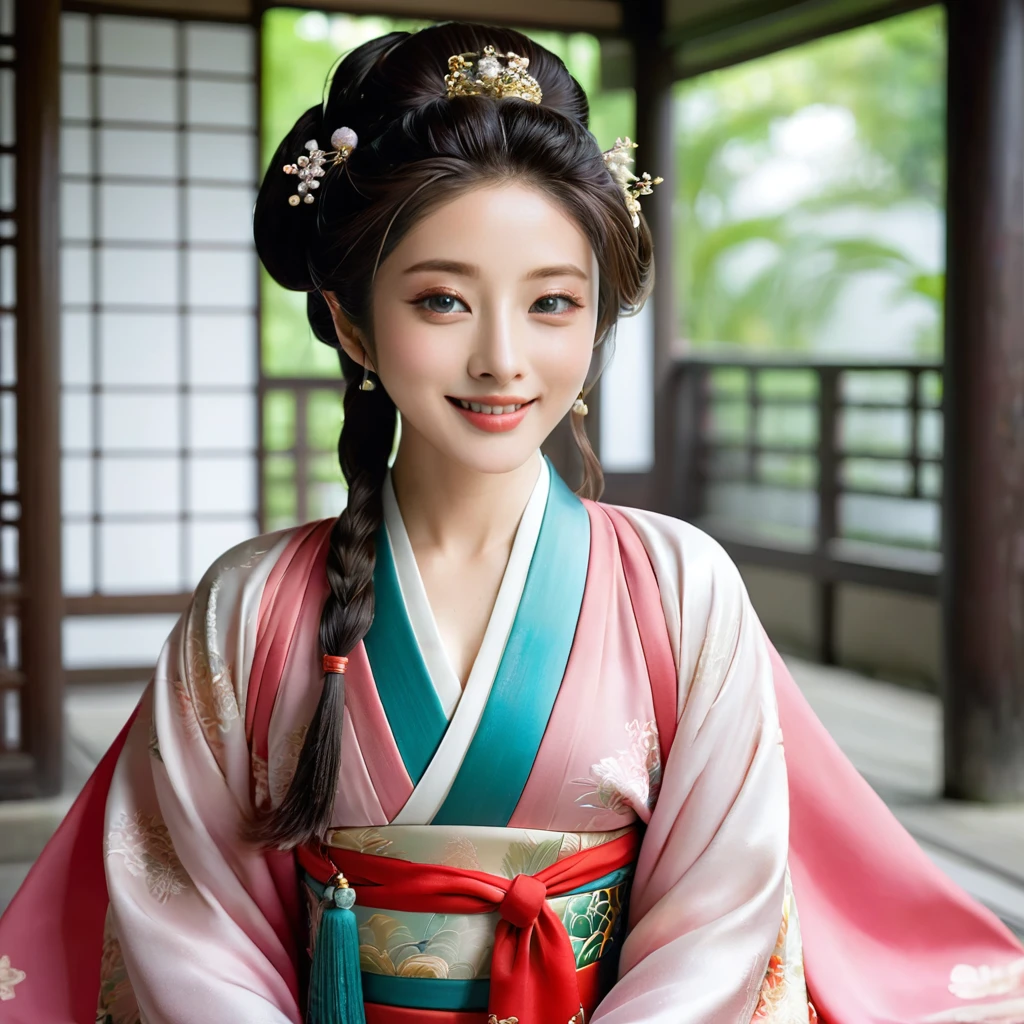 ((Best Quality)), ((masterpiece)), (detailed), （ perfect face）,The woman is Ishihara Satomi, who has excellent proportions and big breasts, wears the court Hanfu of the ancient Chinese empress and ties her hair、The woman is smiling gently