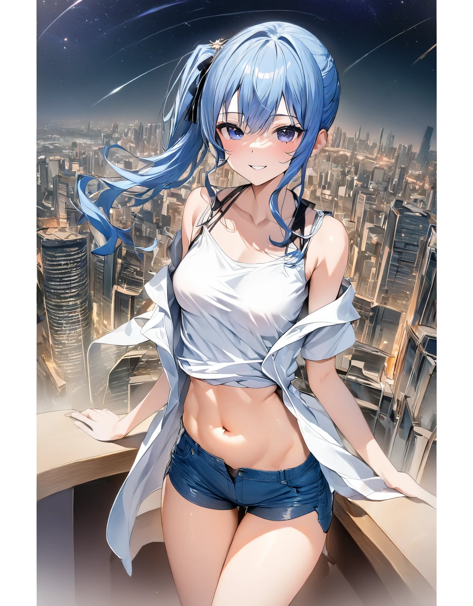 (8k、Best image quality、highest quality、masterpiece)、Detailed face、 1teen_girl、Blue Hair、Long Hair、sideponytail、dark_blue_eyes、smile,(peek_navel:0.7),(small_breasts:0.8),(White_T-shirt:1.3)、Off_shoulder、Black shoulder straps、(open_front_shorts,denim_short_shorts:1.2)、City Background, starry_sky_landscape ,hoshimachi suisei, (belly_button:1.2),nihil,solo,stargaze,girl_looking_up_sky,slender,solo,boots,abs, tight_waist, point_to_sky,slender_thighs,knees