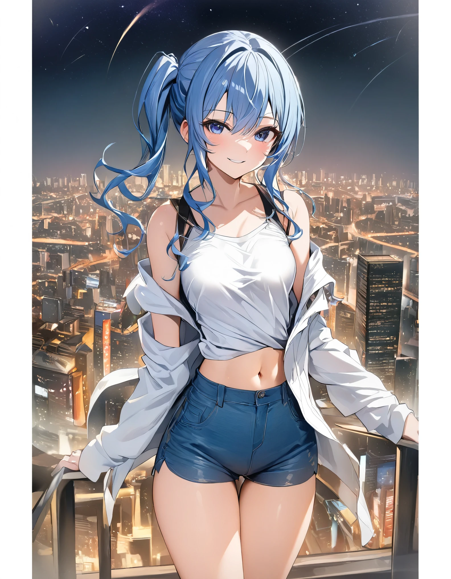 (8k、Best image quality、highest quality、masterpiece)、Detailed face、 1teen_girl、Blue Hair、Long Hair、sideponytail、dark_blue_eyes、smile,(peek_navel:0.7),(small_breasts:0.8),(White_T-shirt:1.3)、Off_shoulder、Black shoulder straps、(open_front_shorts,denim_short_shorts:1.2)、City Background, starry_sky_landscape ,hoshimachi suisei, (belly_button:1.2),nihil,solo,stargaze,girl_looking_up_sky,slender,solo,boots,abs, tight_waist, point_to_sky,slender_thighs,knees