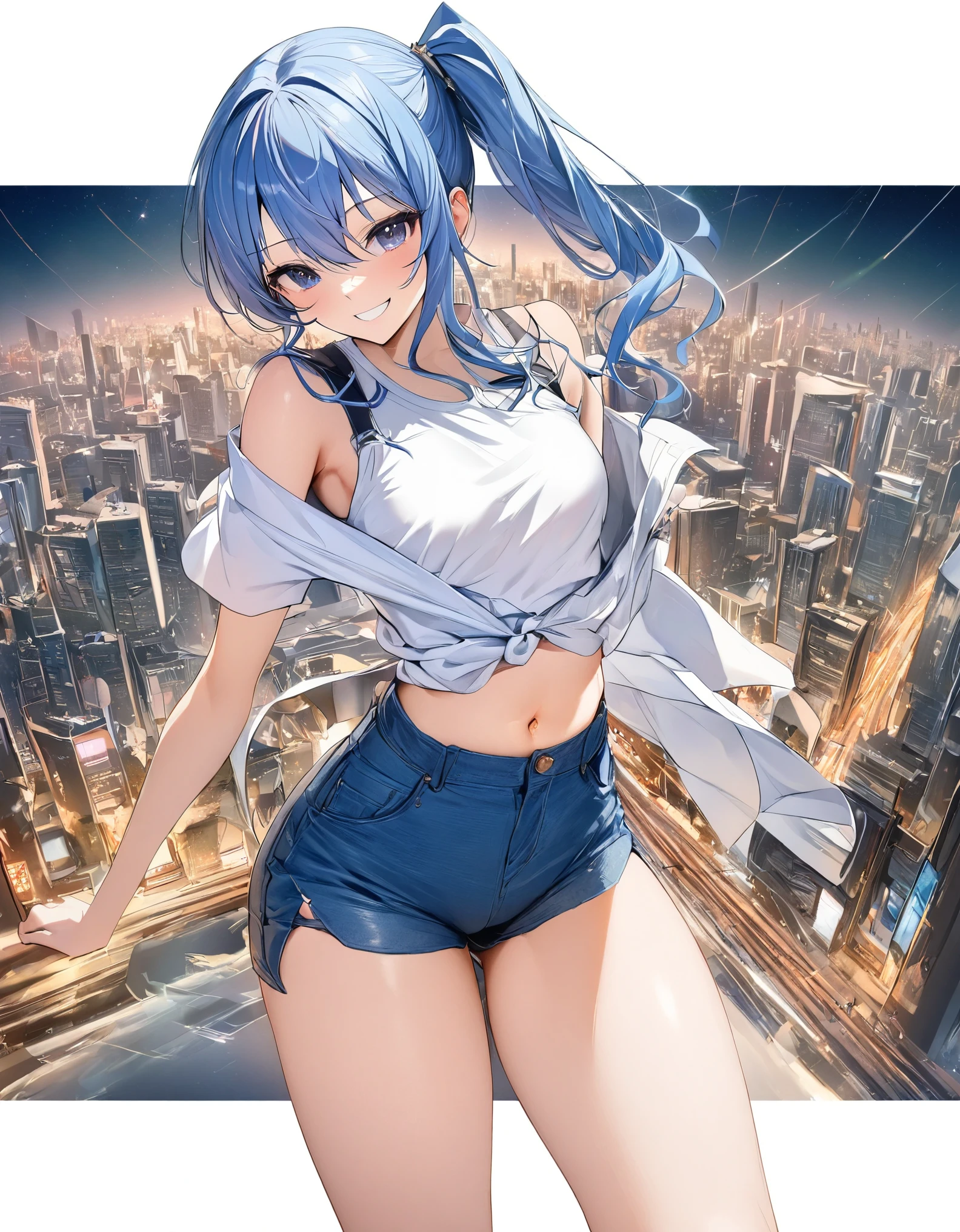 (8k、Best image quality、highest quality、masterpiece)、Detailed face、 1teen_girl、Blue Hair、Long Hair、sideponytail、dark_blue_eyes、smile,(peek_navel:0.7),(small_breasts:0.8),(White_T-shirt:1.3)、Off_shoulder、Black shoulder straps、(open_front_shorts,denim_short_shorts:1.2)、City Background, starry_sky_landscape ,hoshimachi suisei, (belly_button:1.2),nihil,solo,stargaze,girl_looking_up_sky,slender,solo,boots,abs, tight_waist, point_to_sky,slender_thighs,knees